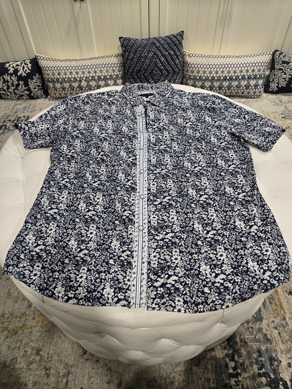 Navy and White  Floral Button-Up Shirt 100% Cotton